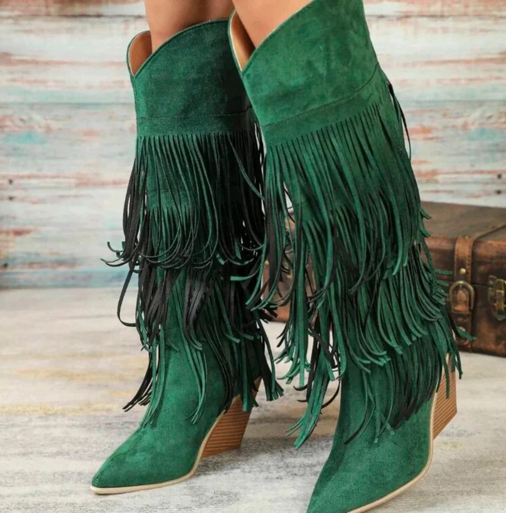 Green Knee-High Geometric Fringed Comfortable Faux Suede Thick Heel Boots, - Picture 4 of 6